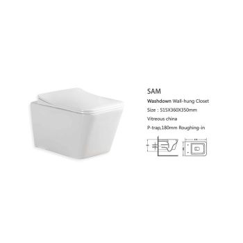 Milano Sam Rimless Wall-Hung Toilet Bowl with Soft-Close Seat, White